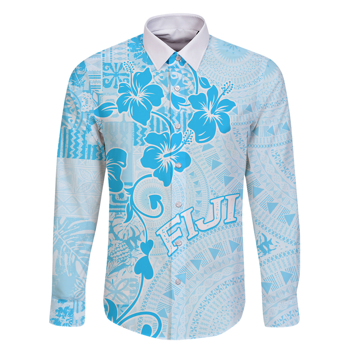 Fiji Masi With Hibiscus Tapa Tribal Family Matching Off Shoulder Short Dress and Hawaiian Shirt Sky Blue Pastel LT01 Dad's Shirt - Long Sleeve Blue - Polynesian Pride