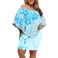 Fiji Masi With Hibiscus Tapa Tribal Family Matching Off Shoulder Short Dress and Hawaiian Shirt Sky Blue Pastel LT01 Mom's Dress Blue - Polynesian Pride