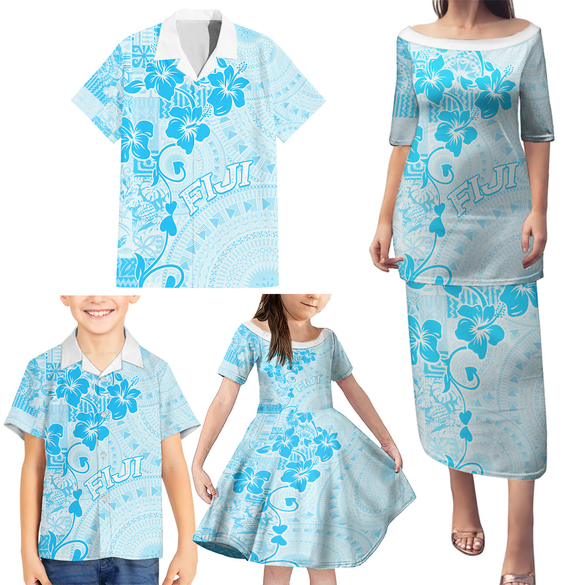 Fiji Masi With Hibiscus Tapa Tribal Family Matching Puletasi Dress and Hawaiian Shirt Sky Blue Pastel LT01 - Polynesian Pride