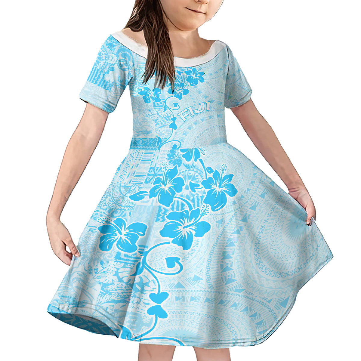 Fiji Masi With Hibiscus Tapa Tribal Family Matching Short Sleeve Bodycon Dress and Hawaiian Shirt Sky Blue Pastel LT01 Daughter's Dress Blue - Polynesian Pride