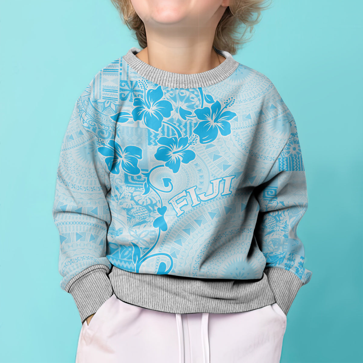Fiji Masi With Hibiscus Tapa Tribal Kid Ugly Christmas Sweater Sky Blue Pastel LT01 - Polynesian Pride