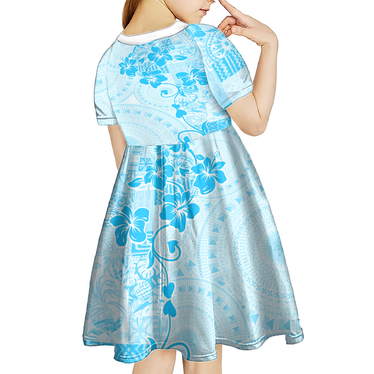 Fiji Masi With Hibiscus Tapa Tribal Kid Short Sleeve Dress Sky Blue Pastel LT01 - Polynesian Pride