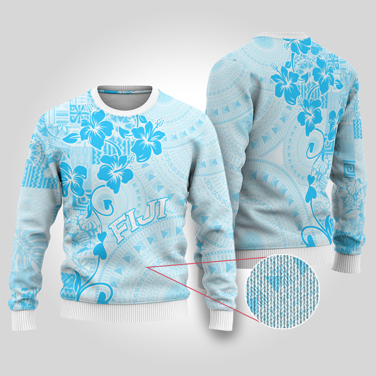 Fiji Masi With Hibiscus Tapa Tribal Ugly Christmas Sweater Sky Blue Pastel LT01 Blue - Polynesian Pride