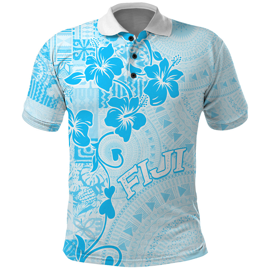 Fiji Masi With Hibiscus Tapa Tribal Polo Shirt Sky Blue Pastel LT01 Blue - Polynesian Pride