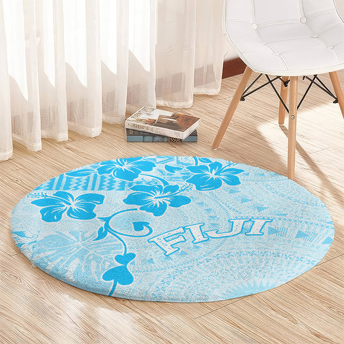 Fiji Masi With Hibiscus Tapa Tribal Round Carpet Sky Blue Pastel LT01 - Polynesian Pride