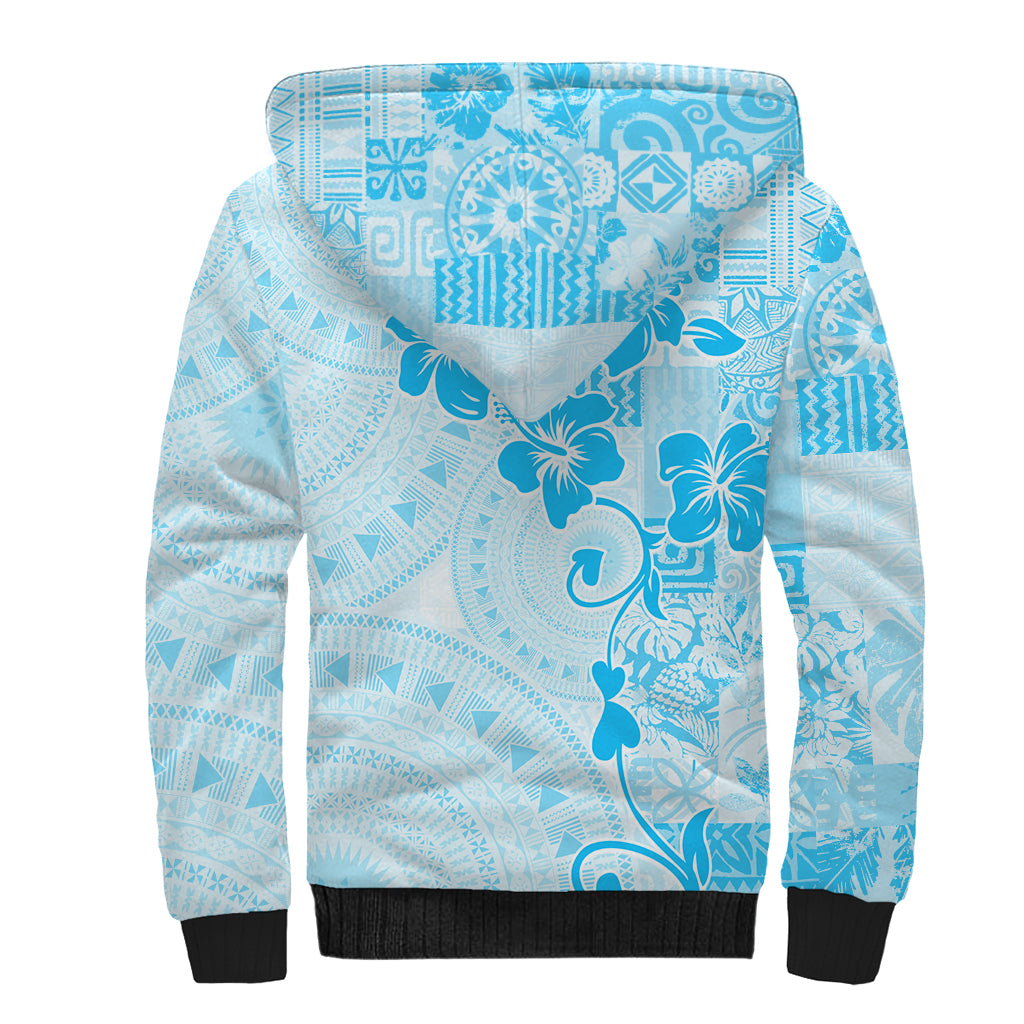 Fiji Masi With Hibiscus Tapa Tribal Sherpa Hoodie Sky Blue Pastel LT01 - Polynesian Pride