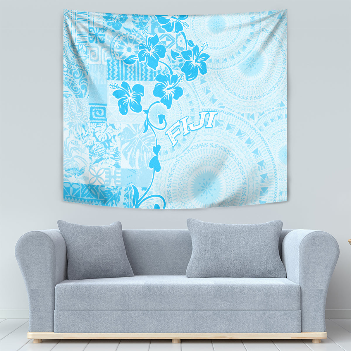 Fiji Masi With Hibiscus Tapa Tribal Tapestry Sky Blue Pastel LT01 - Polynesian Pride