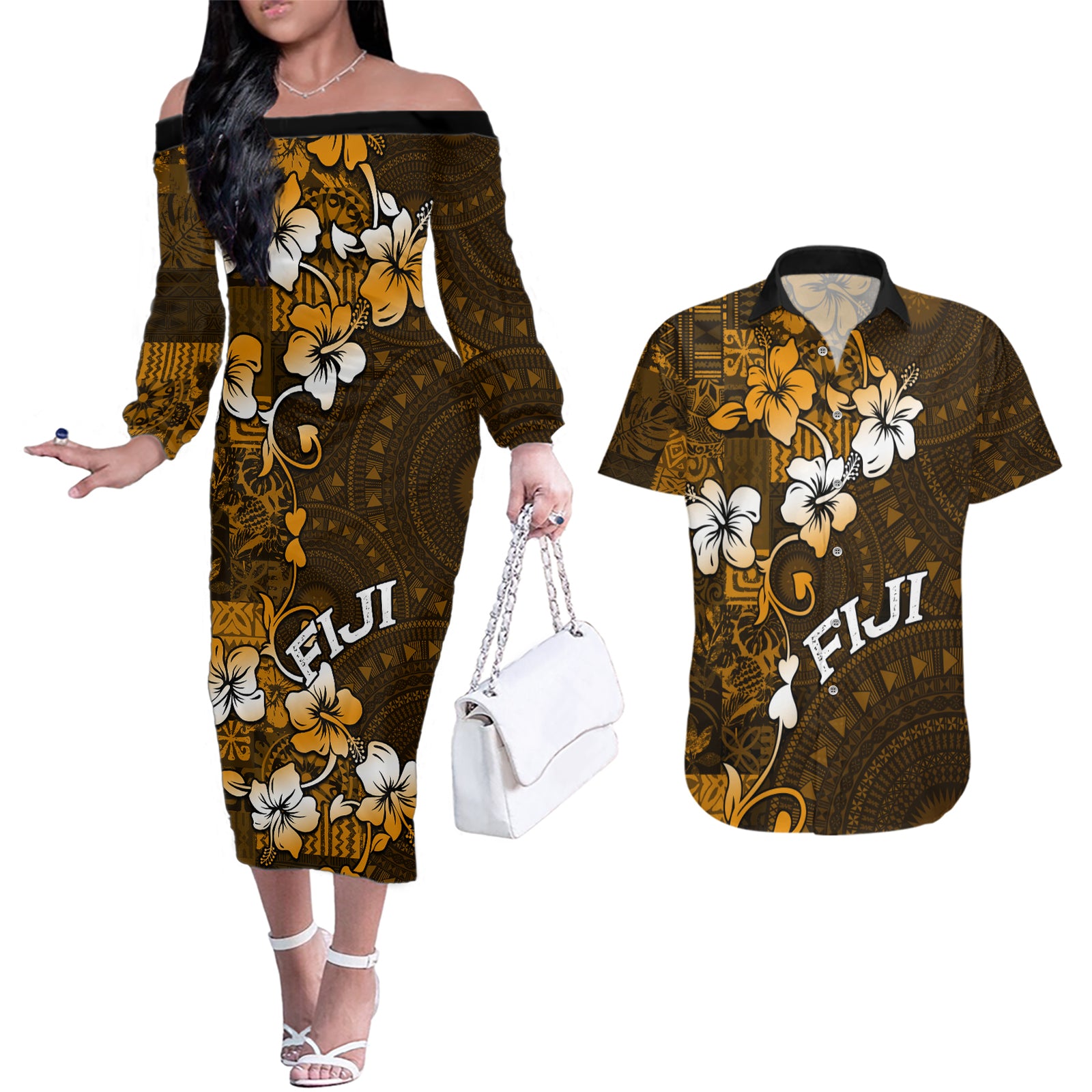Fiji Masi With Hibiscus Tapa Tribal Couples Matching Off The Shoulder Long Sleeve Dress and Hawaiian Shirt Gold Version LT01 Gold - Polynesian Pride