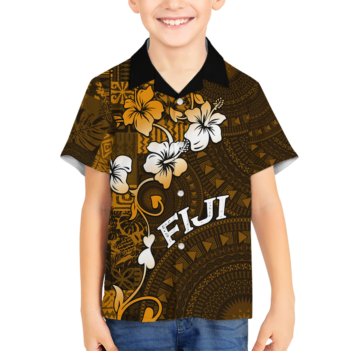 Fiji Masi With Hibiscus Tapa Tribal Family Matching Long Sleeve Bodycon Dress and Hawaiian Shirt Gold Version LT01 Son's Shirt Gold - Polynesian Pride