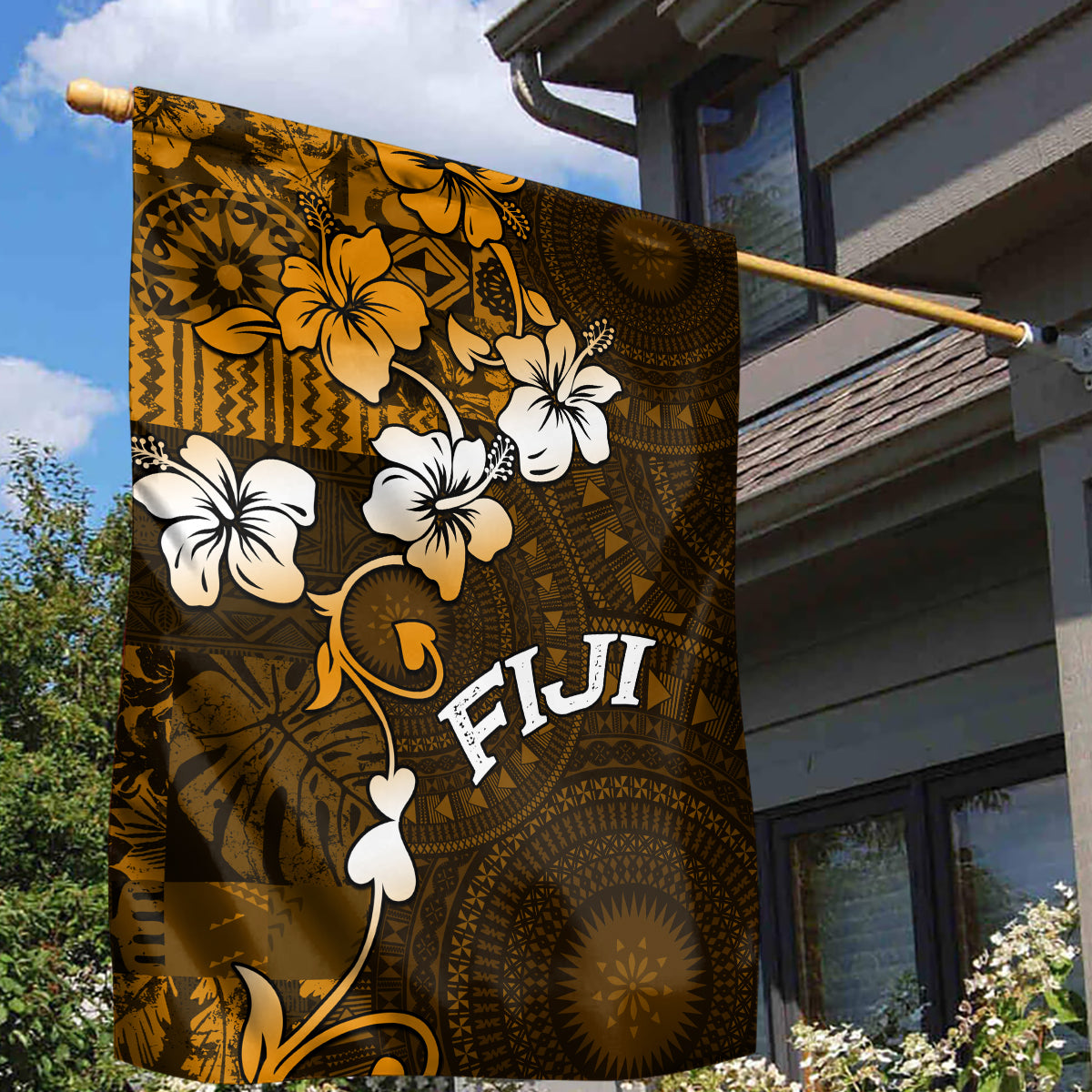 Fiji Masi With Hibiscus Tapa Tribal Garden Flag Gold Version LT01 - Polynesian Pride