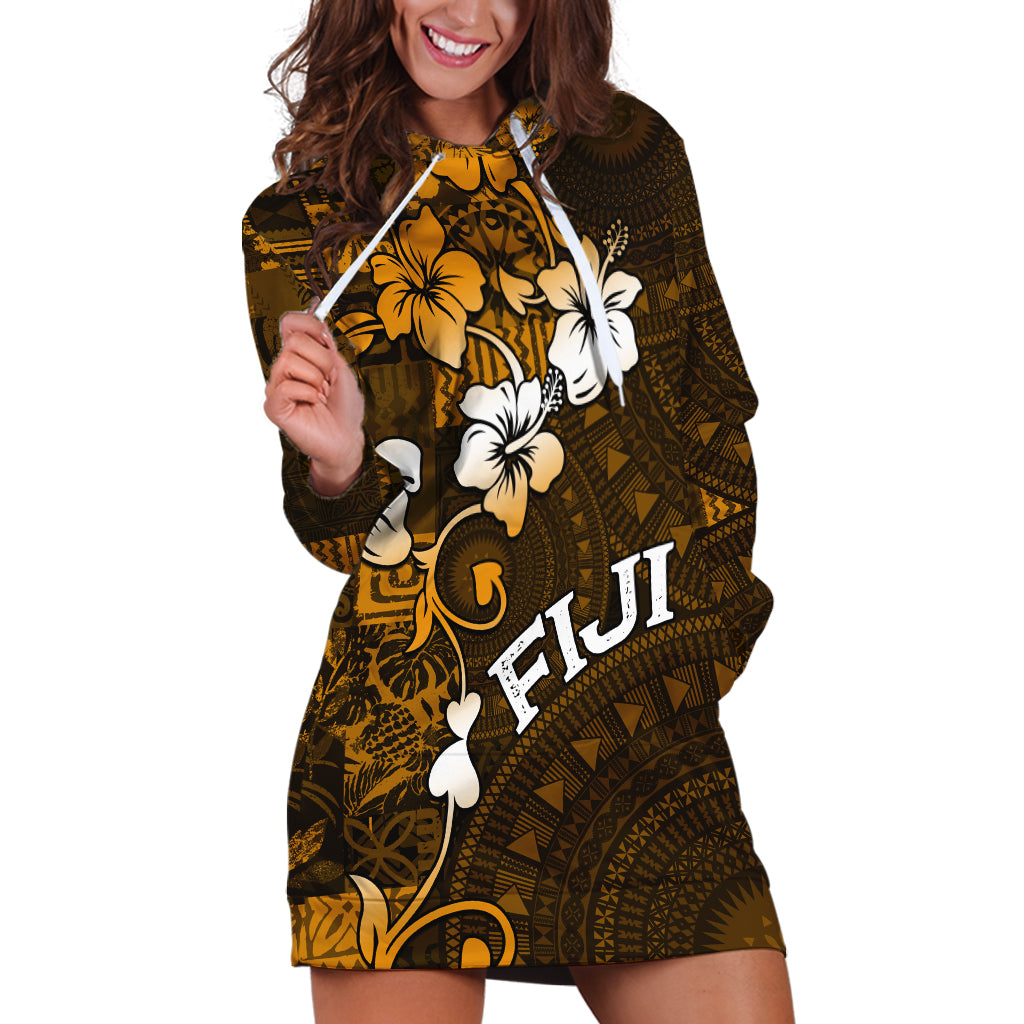 Fiji Masi With Hibiscus Tapa Tribal Hoodie Dress Gold Version LT01 Gold - Polynesian Pride