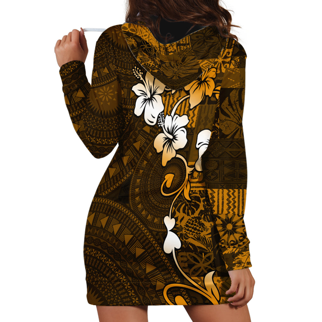 Fiji Masi With Hibiscus Tapa Tribal Hoodie Dress Gold Version LT01 - Polynesian Pride