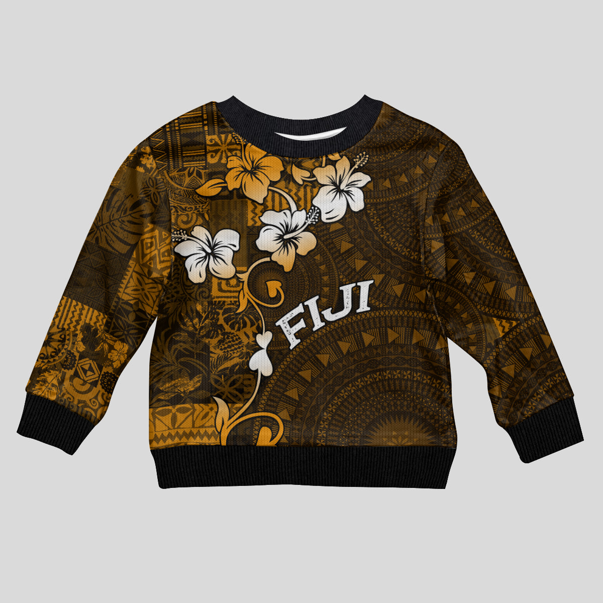 Fiji Masi With Hibiscus Tapa Tribal Kid Ugly Christmas Sweater Gold Version LT01 Kid Gold - Polynesian Pride