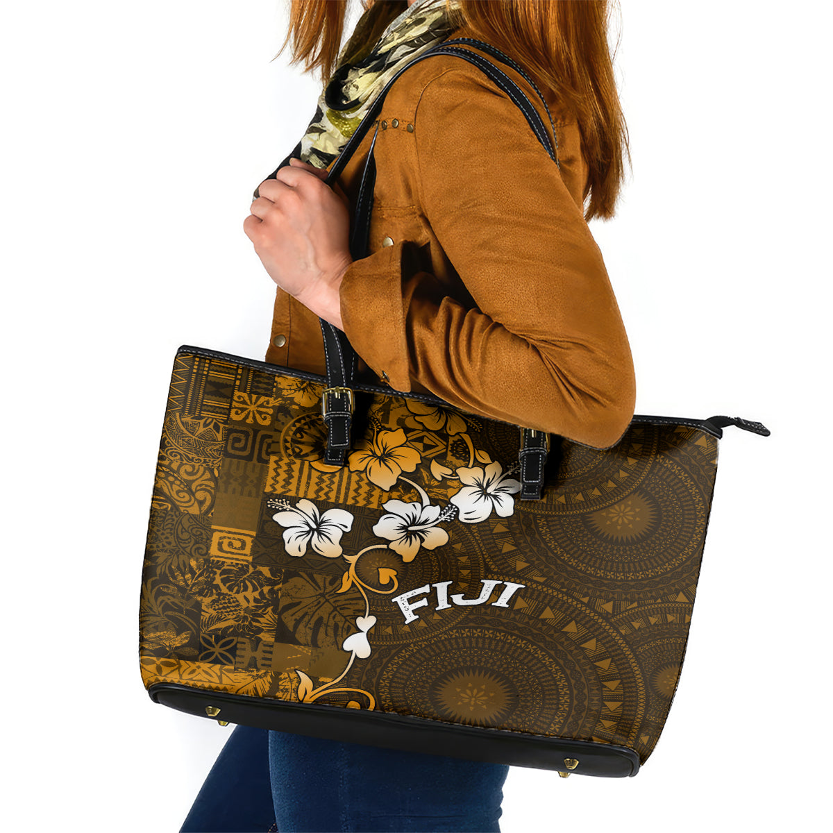 Fiji Masi With Hibiscus Tapa Tribal Leather Tote Bag Gold Version LT01 Gold - Polynesian Pride