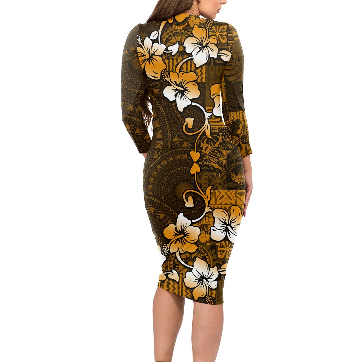 Fiji Masi With Hibiscus Tapa Tribal Long Sleeve Bodycon Dress Gold Version LT01 - Polynesian Pride
