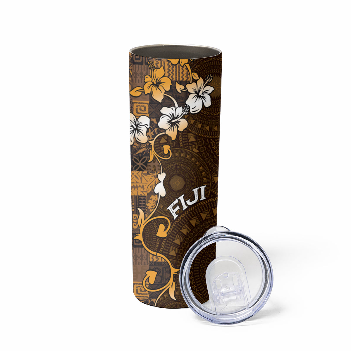 Fiji Masi Skinny Tumbler Fijian Hibiscus Tapa Gold Version