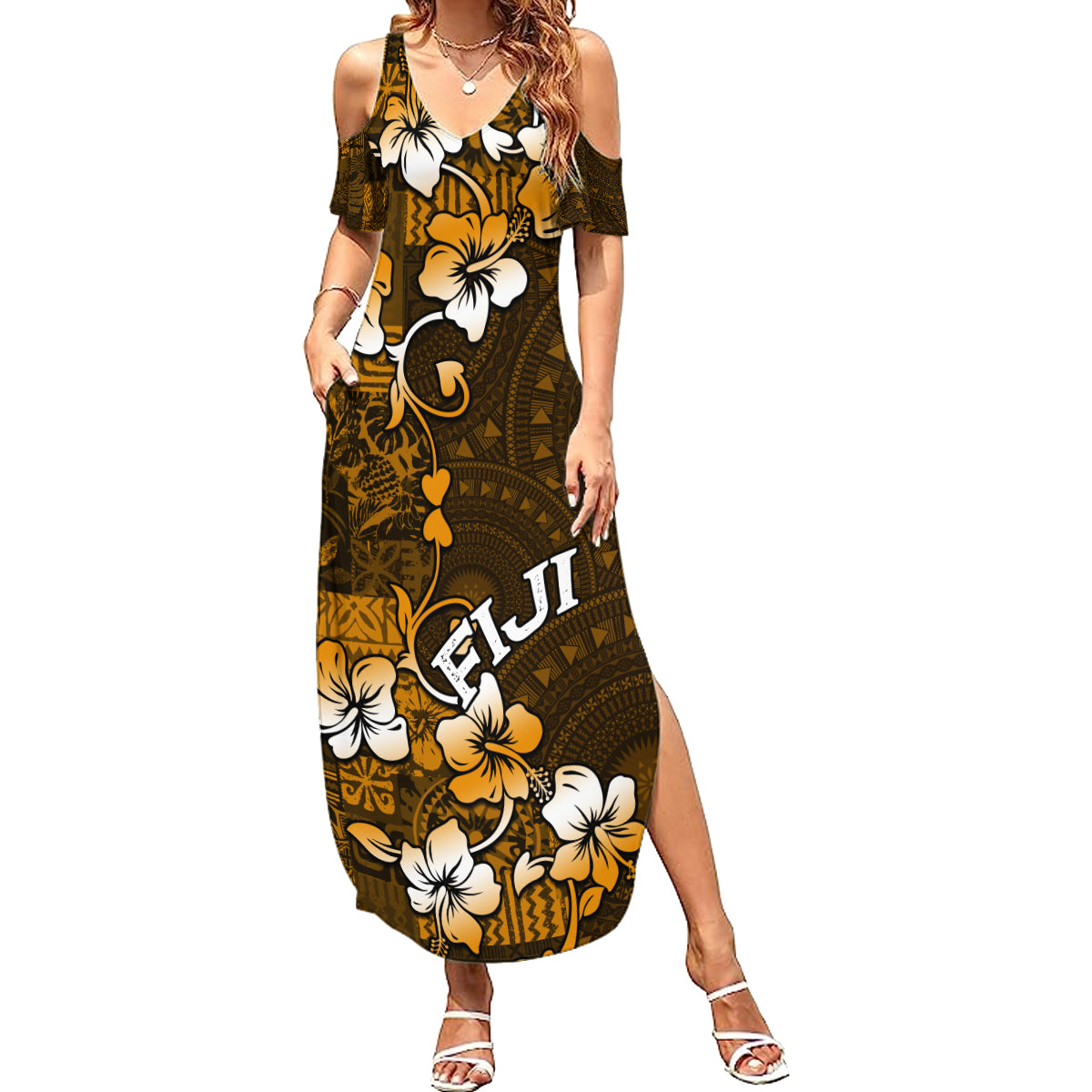 Fiji Masi With Hibiscus Tapa Tribal Summer Maxi Dress Gold Version LT01 Women Gold - Polynesian Pride