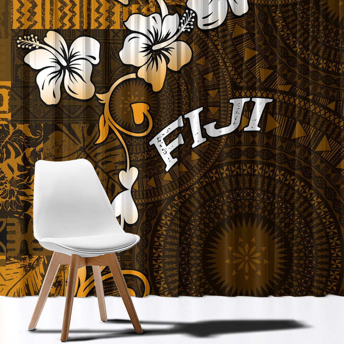 Fiji Masi With Hibiscus Tapa Tribal Window Curtain Gold Version LT01 - Polynesian Pride