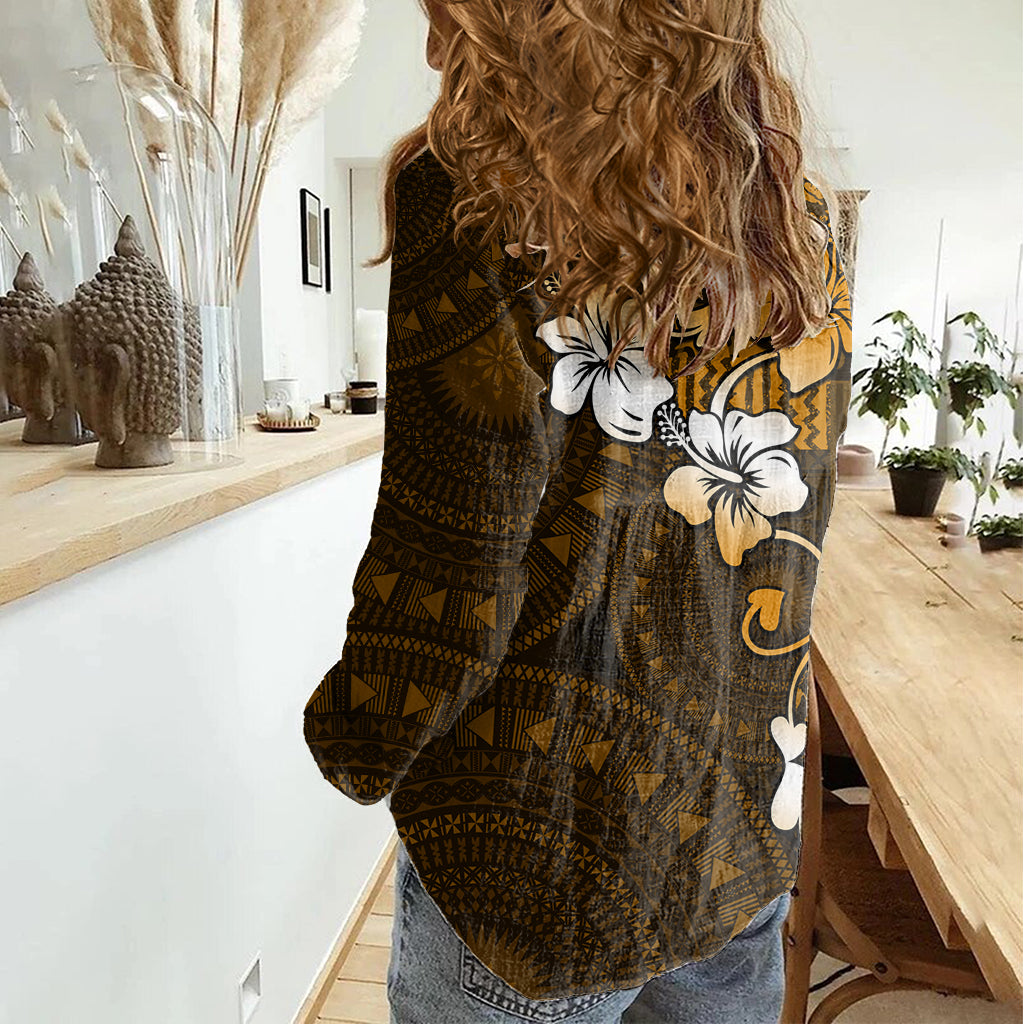 Fiji Masi With Hibiscus Tapa Tribal Women Casual Shirt Gold Version LT01 - Polynesian Pride