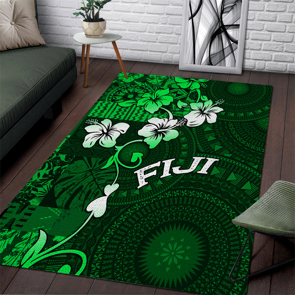 Fiji Masi Area Rug Fijian Hibiscus Tapa Green Version LT01 Green - Polynesian Pride