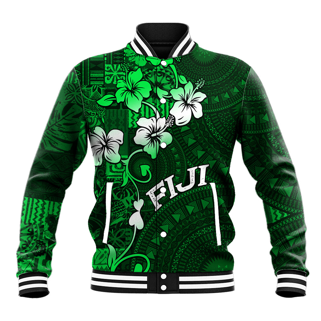 Fiji Masi Baseball Jacket Fijian Hibiscus Tapa Green Version LT01 Unisex Green - Polynesian Pride