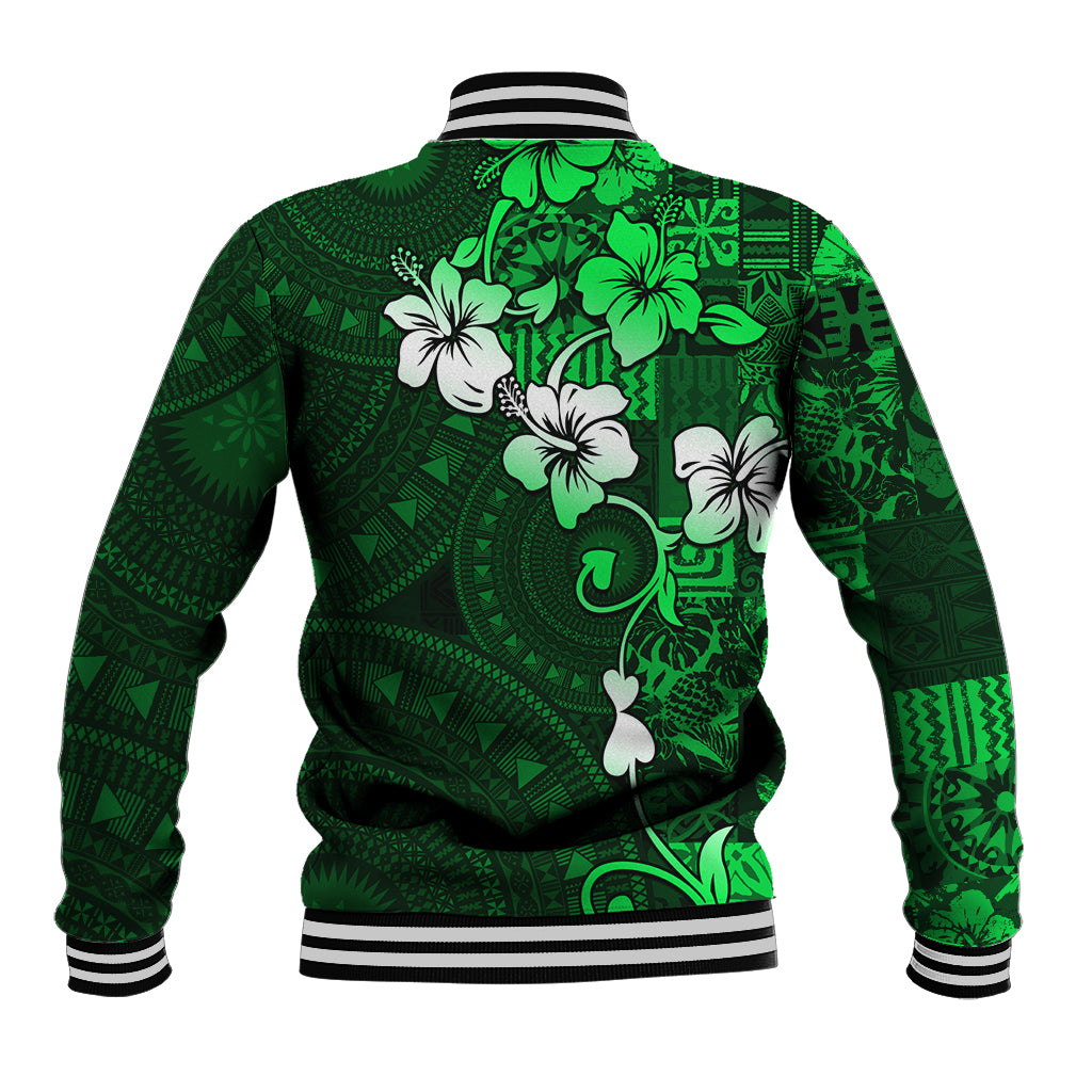 Fiji Masi Baseball Jacket Fijian Hibiscus Tapa Green Version LT01 - Polynesian Pride