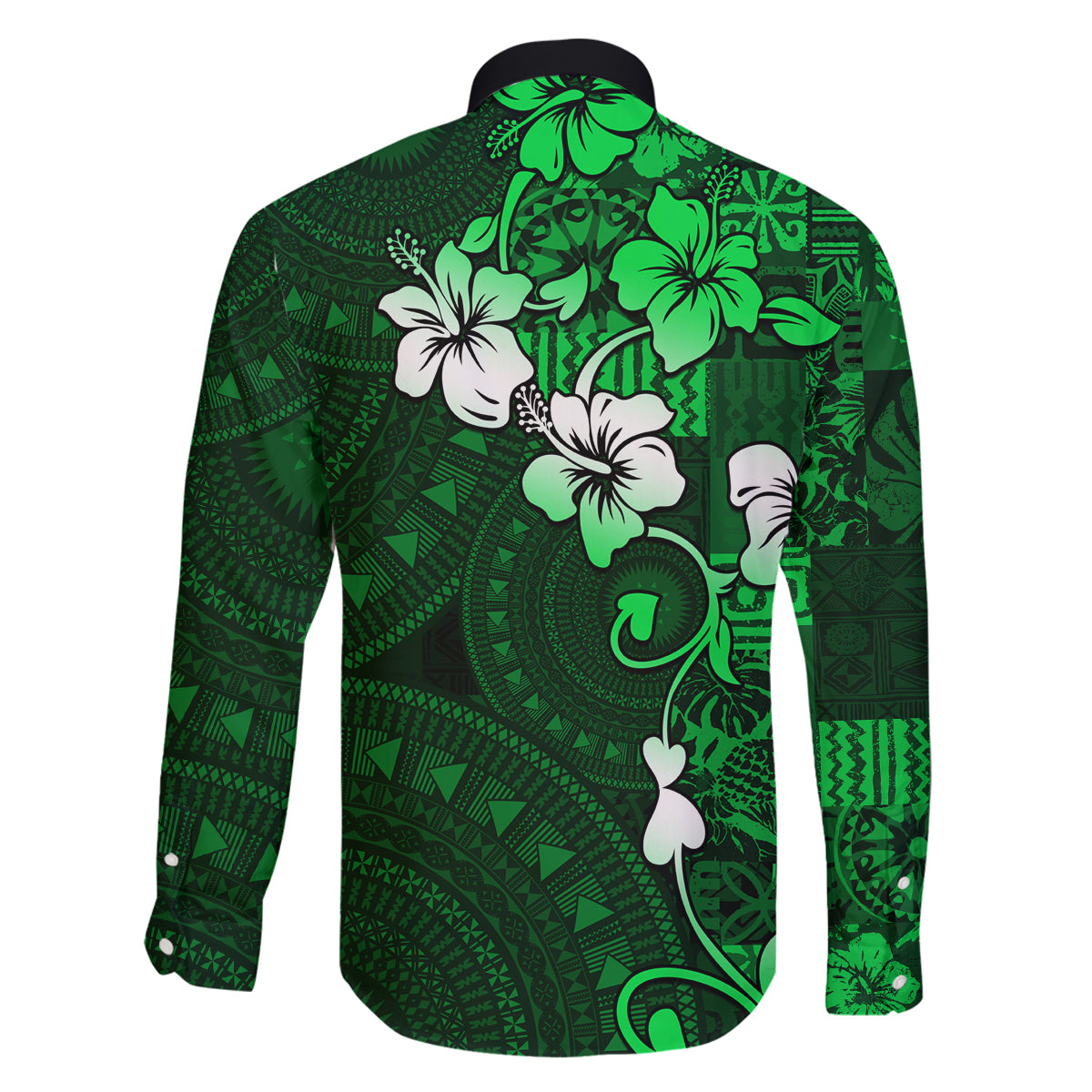 Fiji Masi Family Matching Long Sleeve Bodycon Dress and Hawaiian Shirt Fijian Hibiscus Tapa Green Version LT01 - Polynesian Pride