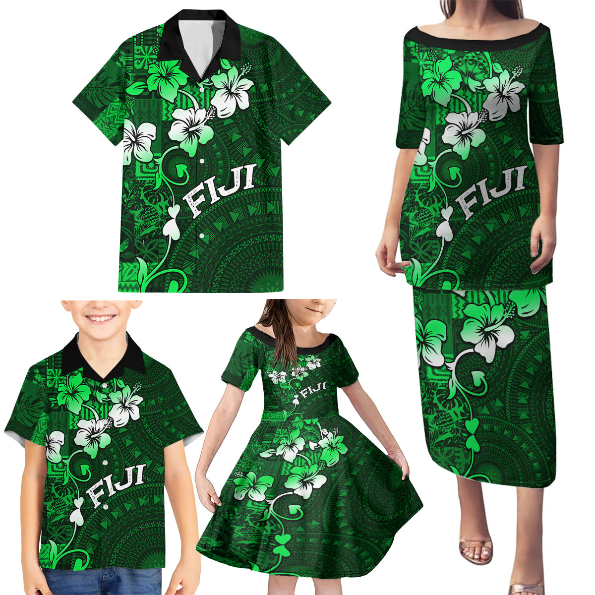 Fiji Masi Family Matching Puletasi Dress and Hawaiian Shirt Fijian Hibiscus Tapa Green Version LT01 - Polynesian Pride