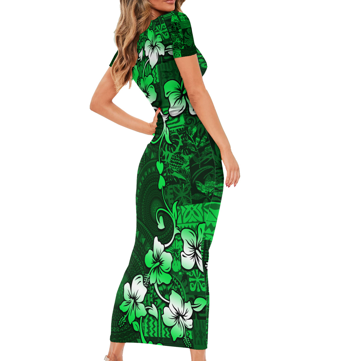 Fiji Masi Family Matching Short Sleeve Bodycon Dress and Hawaiian Shirt Fijian Hibiscus Tapa Green Version LT01 - Polynesian Pride