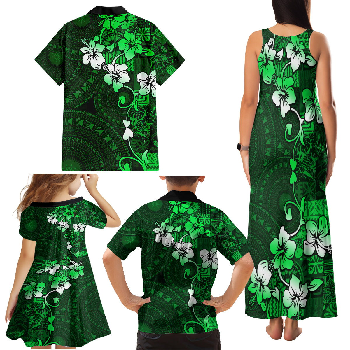 Fiji Masi Family Matching Tank Maxi Dress and Hawaiian Shirt Fijian Hibiscus Tapa Green Version LT01 - Polynesian Pride
