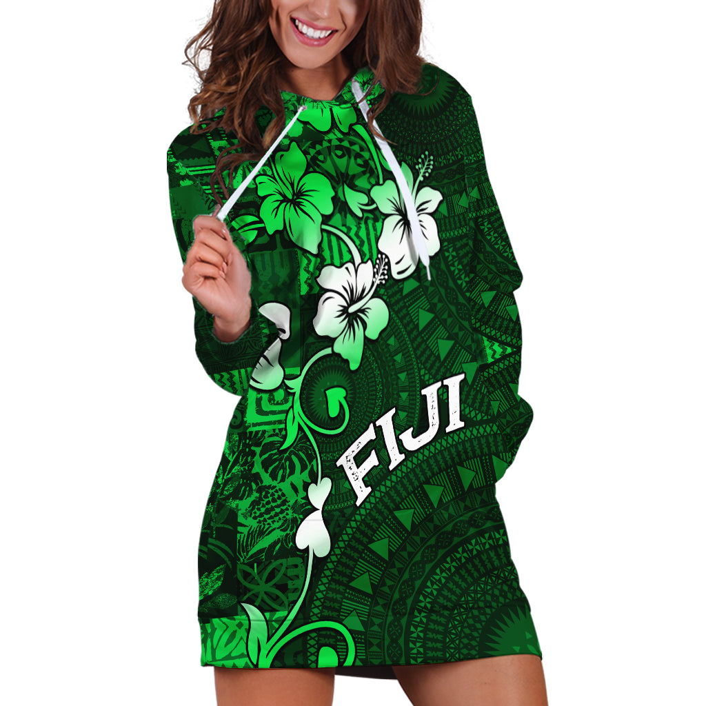 Fiji Masi Hoodie Dress Fijian Hibiscus Tapa Green Version LT01 Green - Polynesian Pride