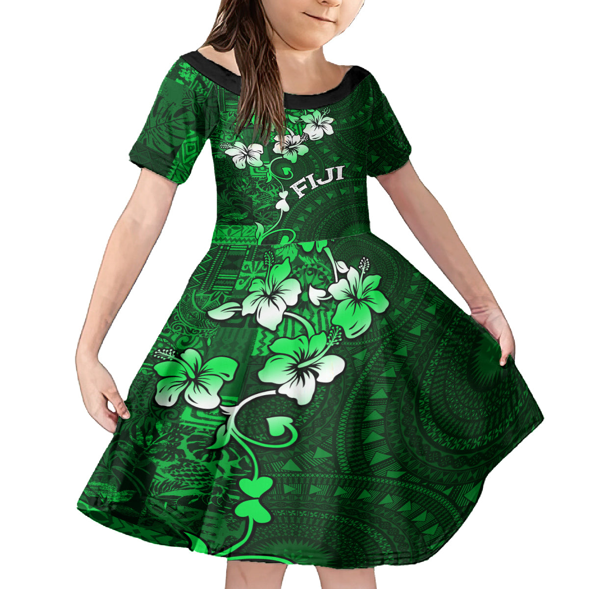 Fiji Masi Kid Short Sleeve Dress Fijian Hibiscus Tapa Green Version LT01 KID Green - Polynesian Pride