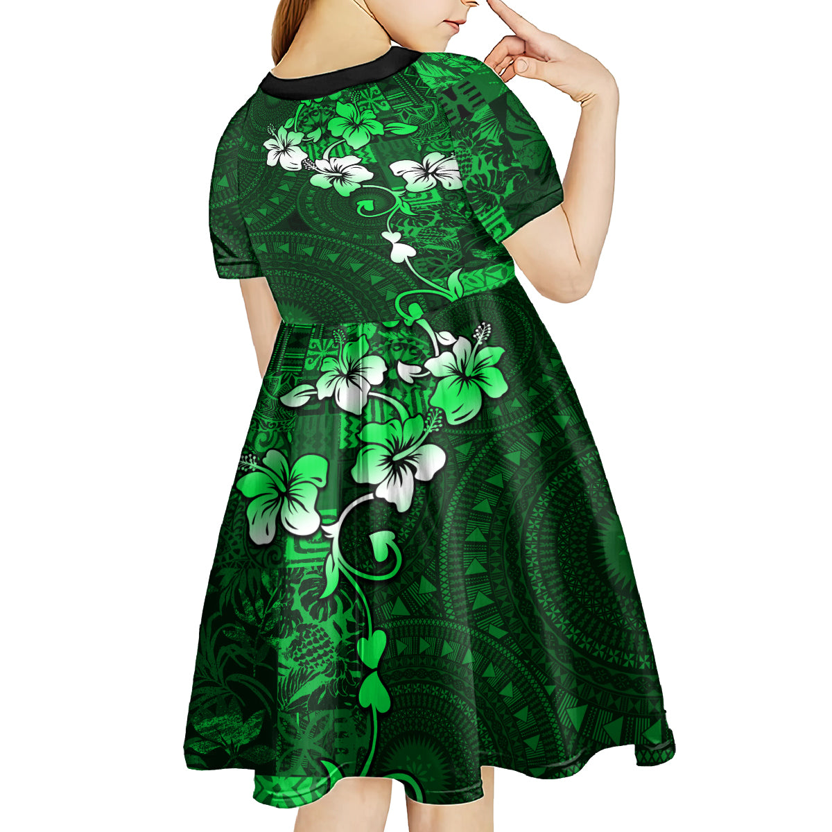 Fiji Masi Kid Short Sleeve Dress Fijian Hibiscus Tapa Green Version LT01 - Polynesian Pride