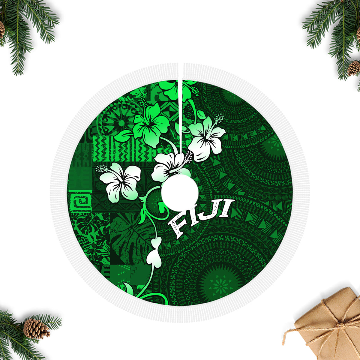 Fiji Masi Tree Skirt Fijian Hibiscus Tapa Green Version LT01 Fringed Tree Skirts Green - Polynesian Pride