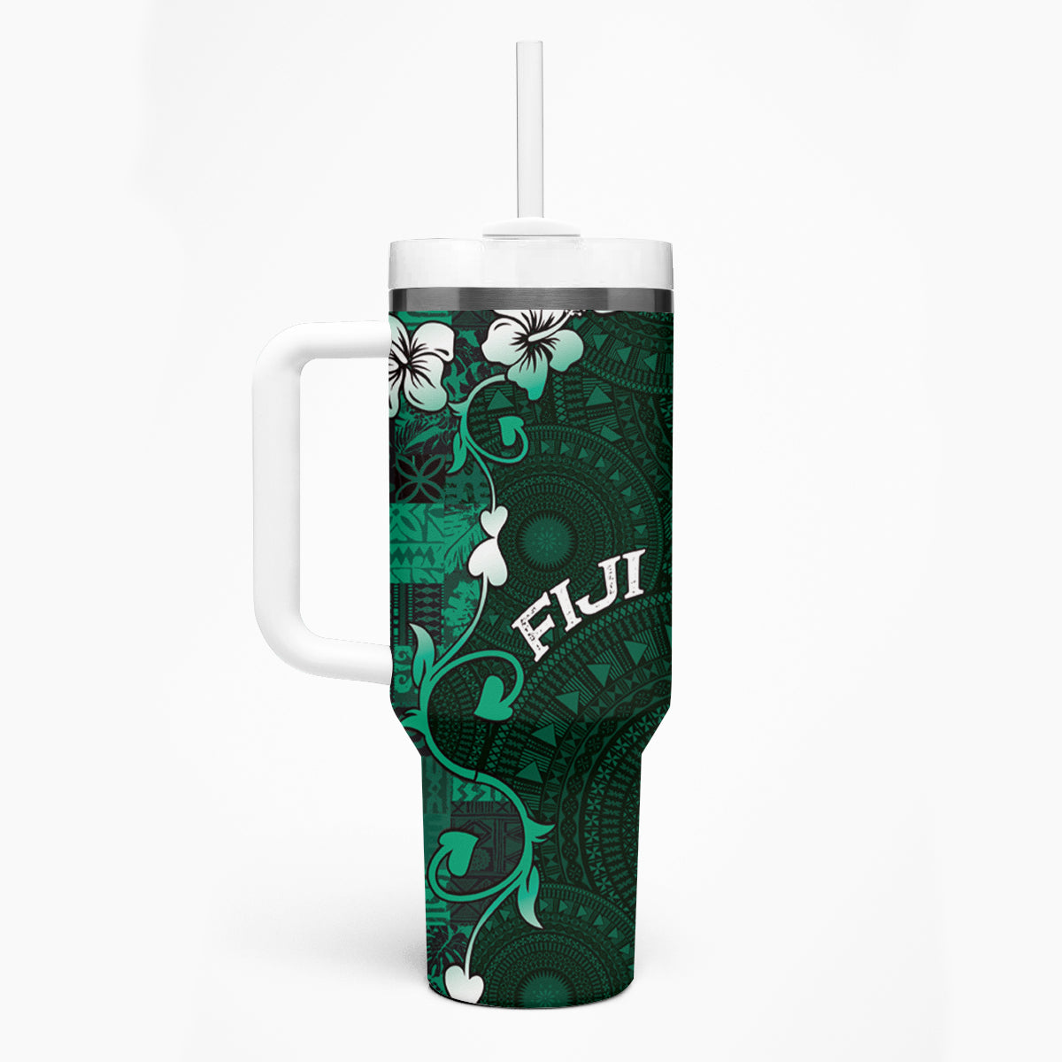 Fiji Masi Tumbler With Handle Fijian Hibiscus Tapa Green Version