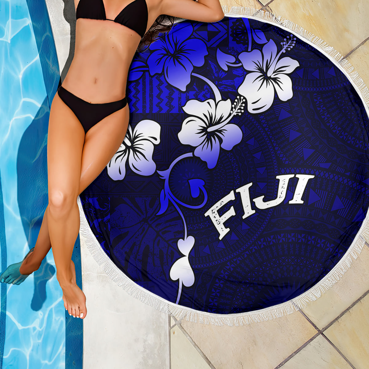 Fiji Masi Beach Blanket Fijian Hibiscus Navy Blue Gold Version LT01 - Polynesian Pride