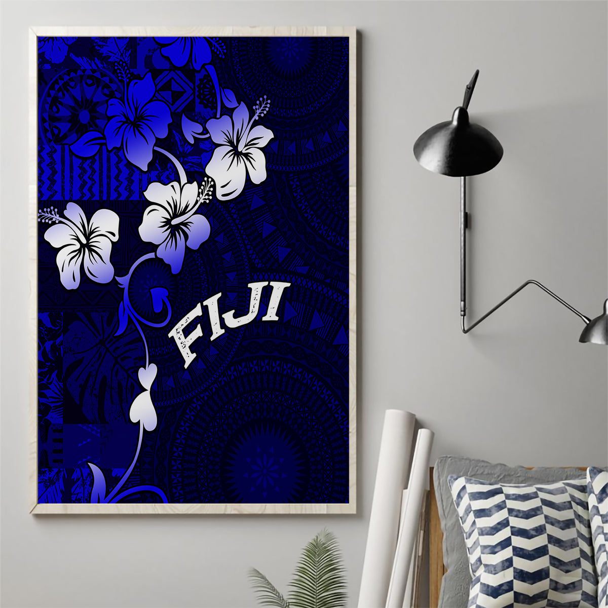 Fiji Masi Canvas Wall Art Fijian Hibiscus Navy Blue Gold Version LT01 - Polynesian Pride