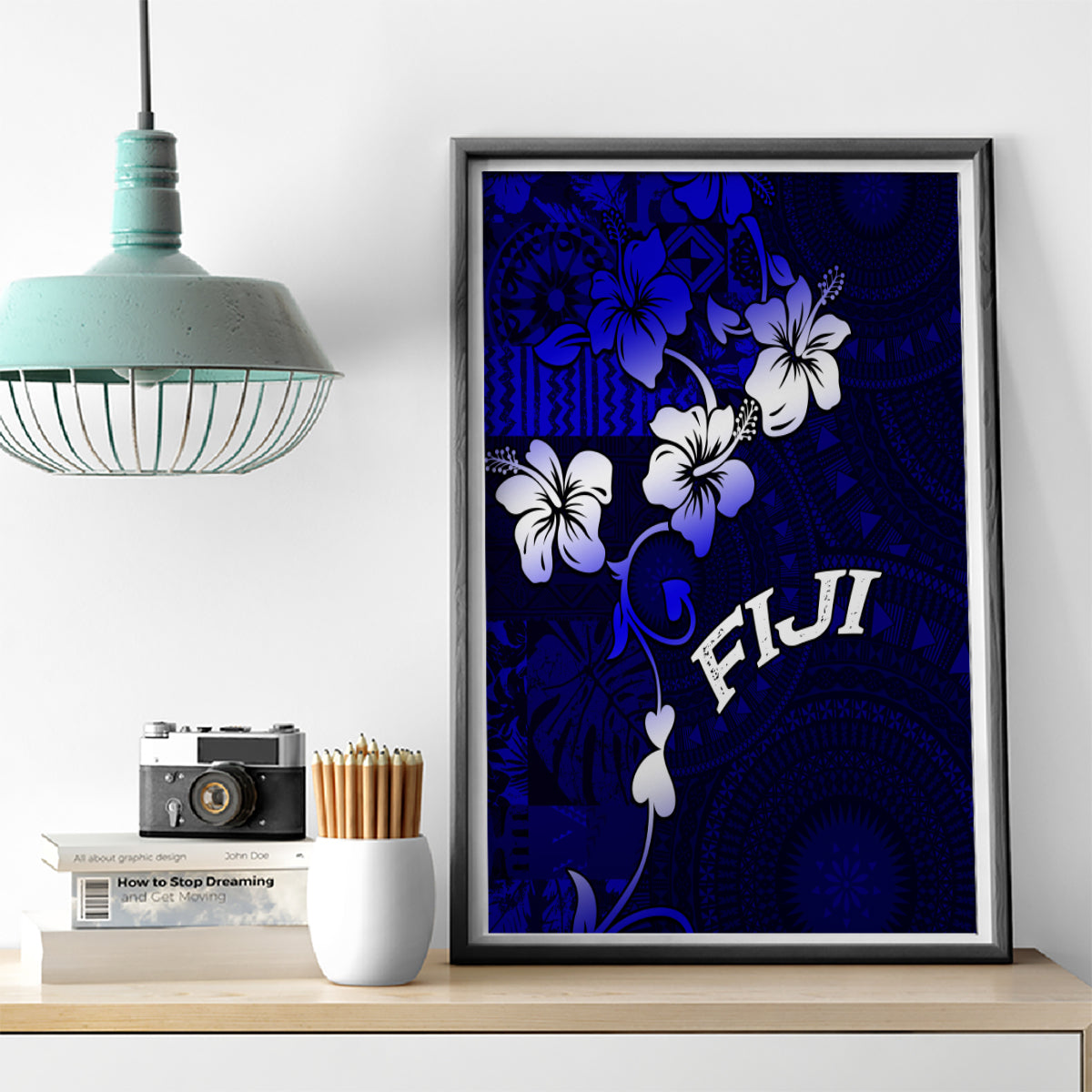 Fiji Masi Canvas Wall Art Fijian Hibiscus Navy Blue Gold Version LT01 - Polynesian Pride