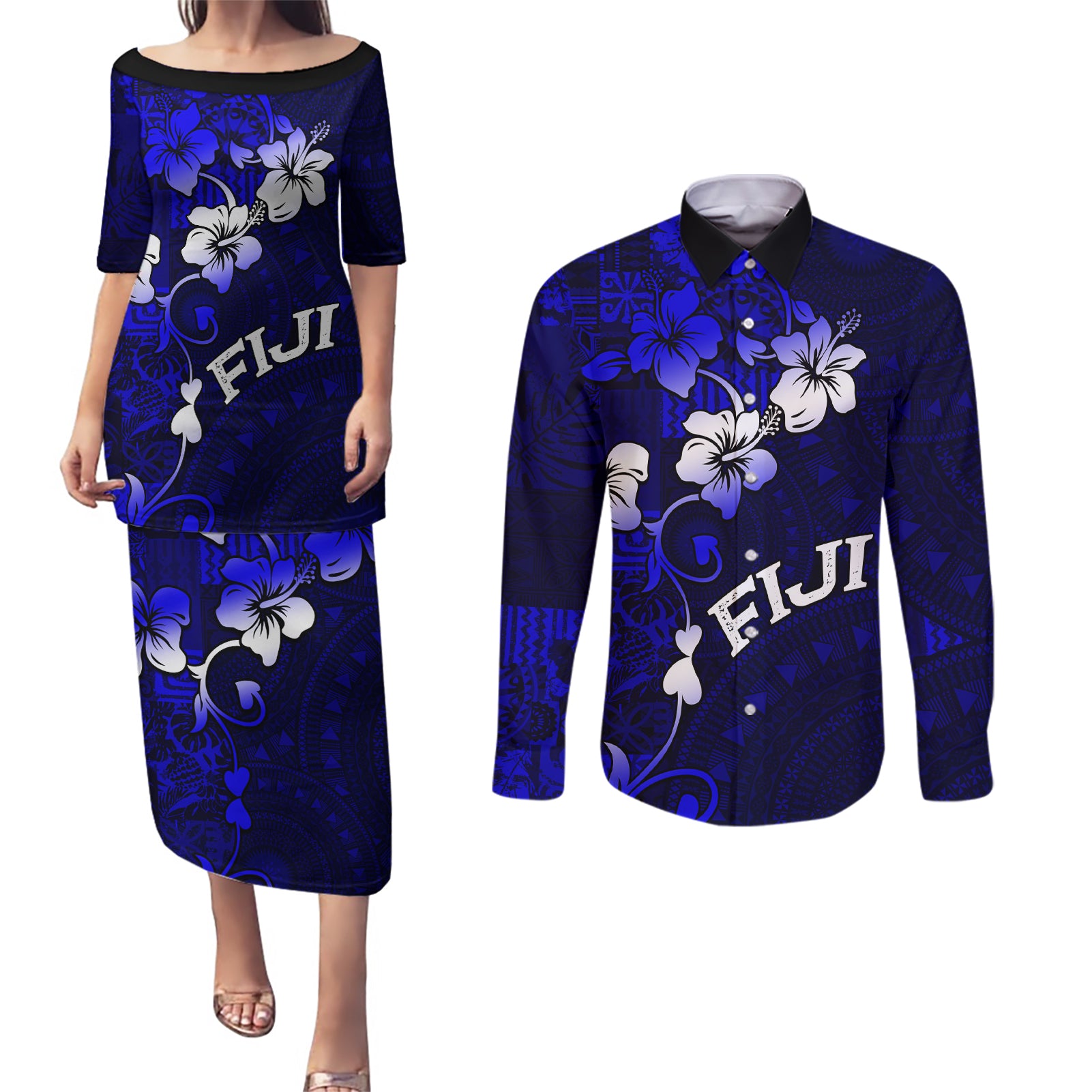 Fiji Masi Couples Matching Puletasi Dress and Long Sleeve Button Shirt Fijian Hibiscus Navy Blue Gold Version LT01 Blue - Polynesian Pride