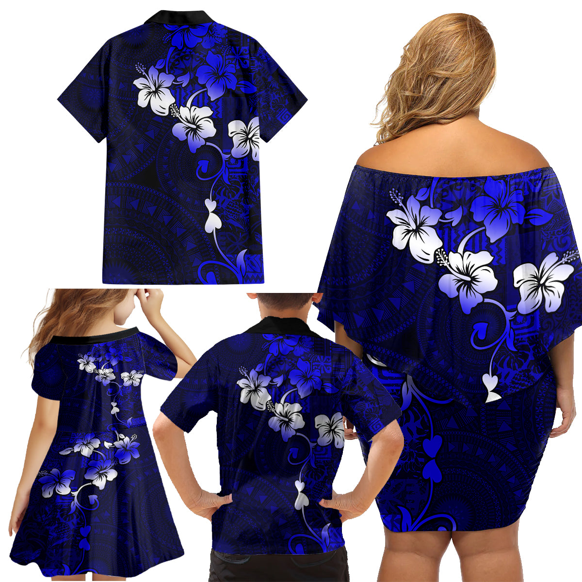 Fiji Masi Family Matching Off Shoulder Short Dress and Hawaiian Shirt Fijian Hibiscus Navy Blue Gold Version LT01 - Polynesian Pride