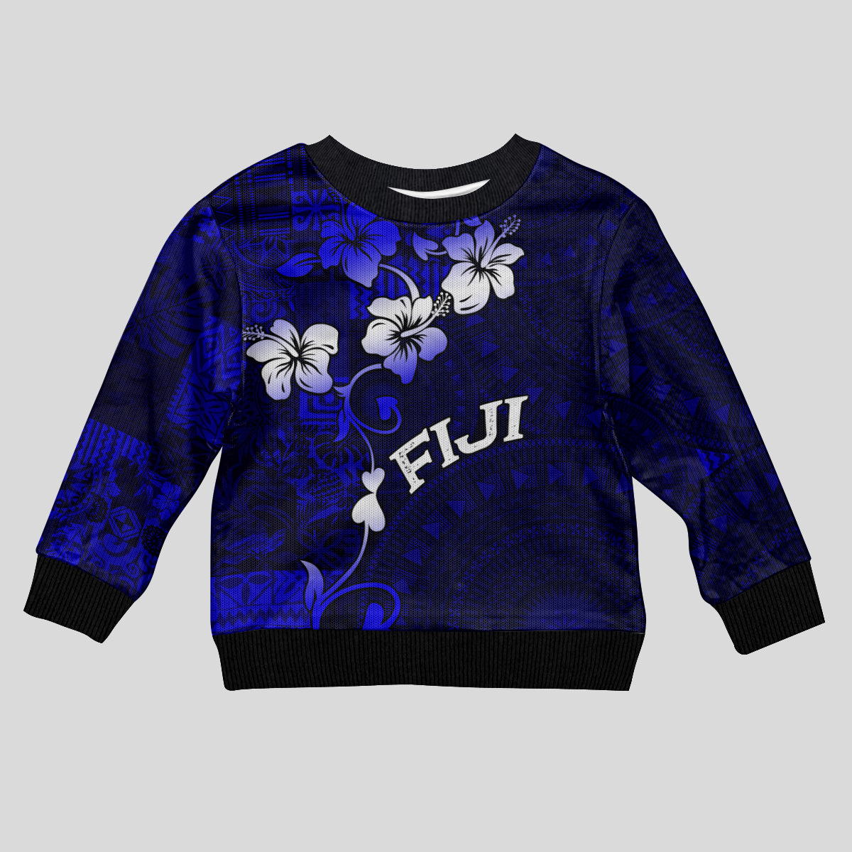 Fiji Masi Kid Ugly Christmas Sweater Fijian Hibiscus Navy Blue Gold Version LT01 Kid Blue - Polynesian Pride