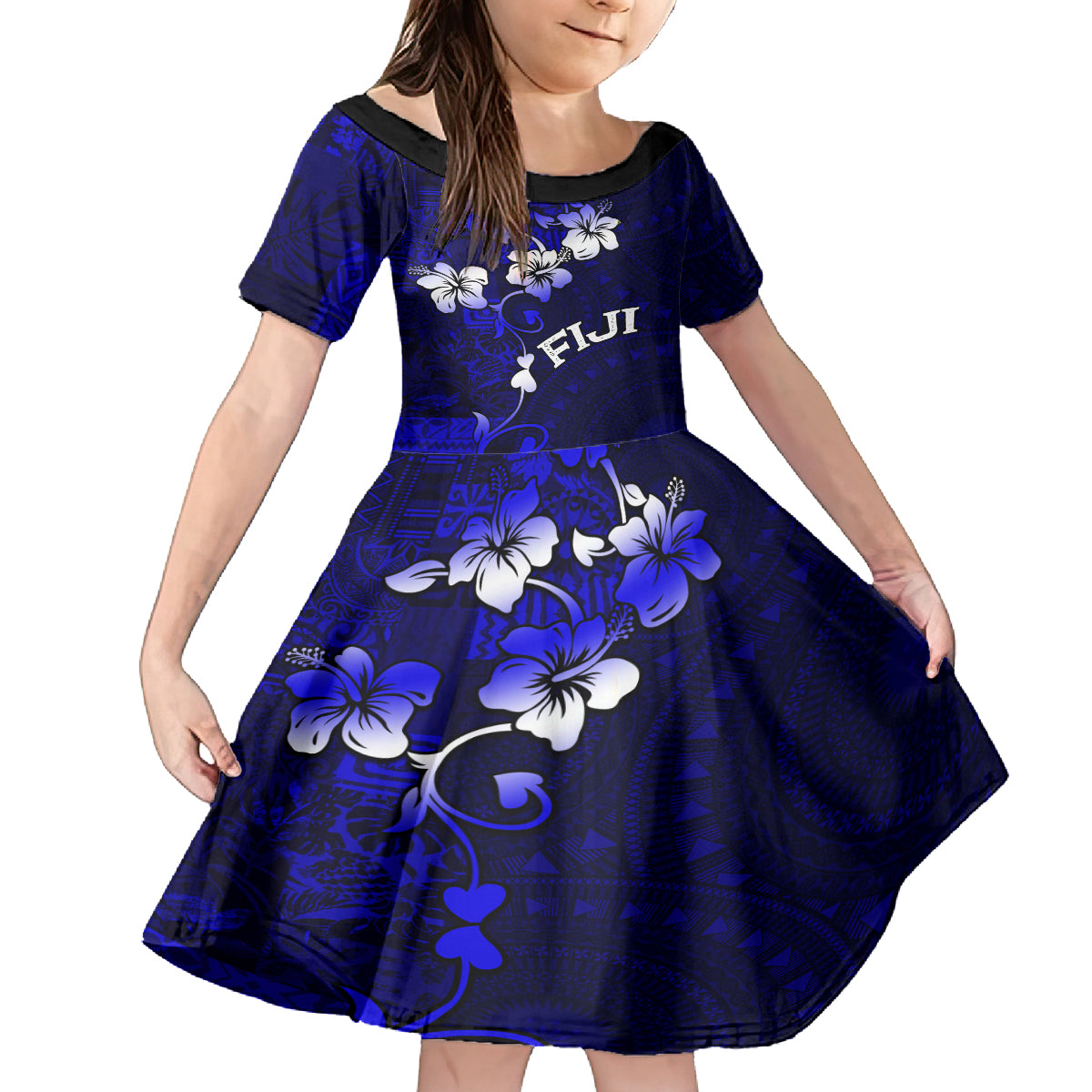 Fiji Masi Kid Short Sleeve Dress Fijian Hibiscus Navy Blue Gold Version LT01 KID Blue - Polynesian Pride