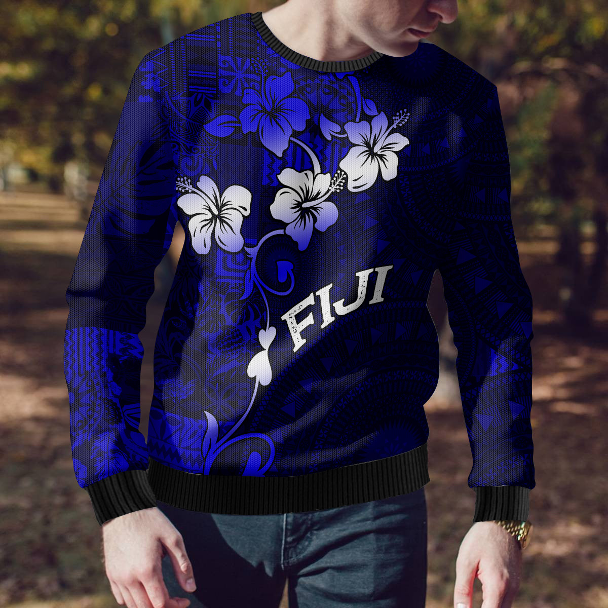 Fiji Masi Ugly Christmas Sweater Fijian Hibiscus Navy Blue Gold Version LT01 - Polynesian Pride