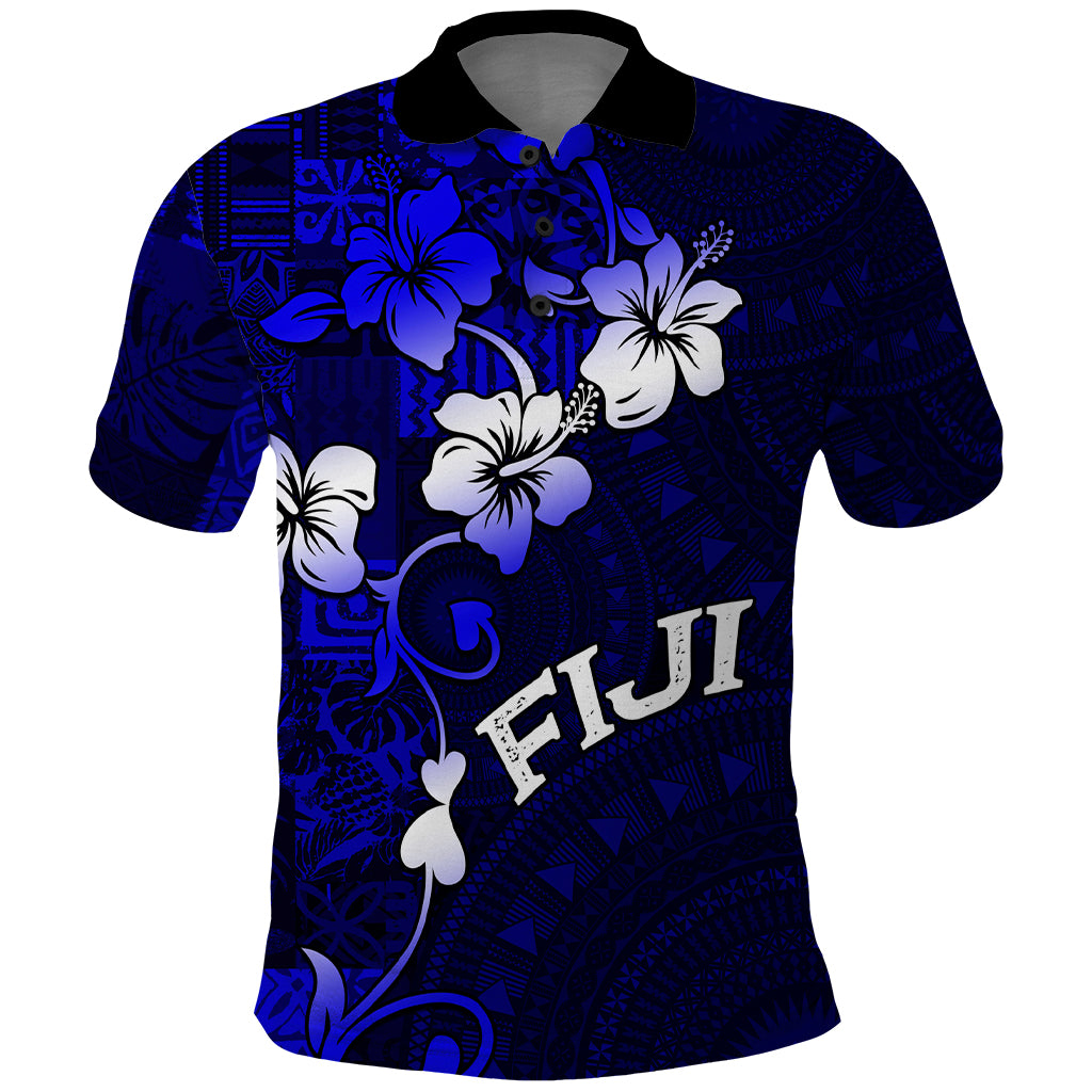 Fiji Masi Polo Shirt Fijian Hibiscus Navy Blue Gold Version LT01 Blue - Polynesian Pride