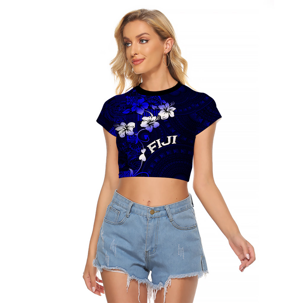 Fiji Masi Raglan Cropped T Shirt Fijian Hibiscus Navy Blue Gold Version LT01 Female Blue - Polynesian Pride