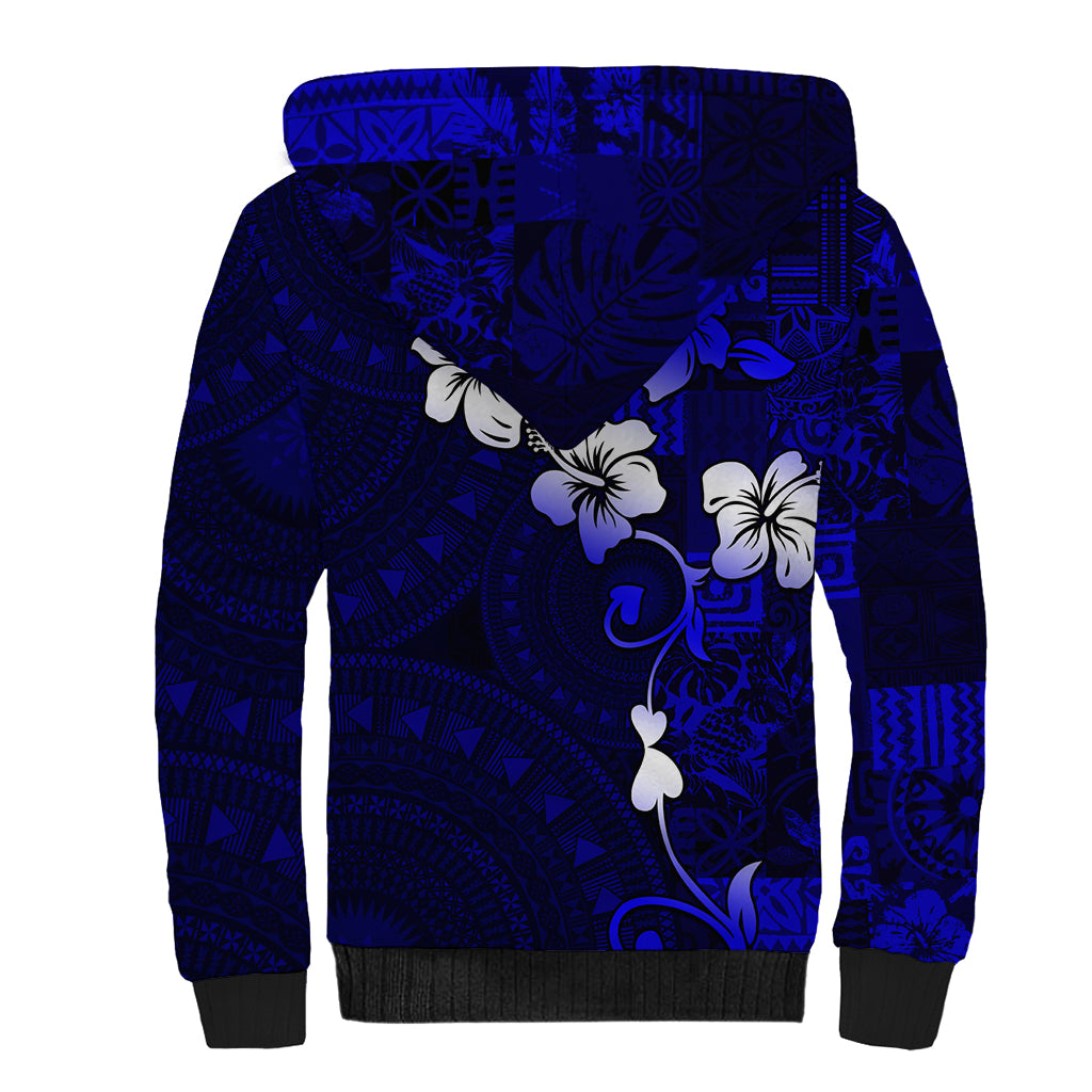 Fiji Masi Sherpa Hoodie Fijian Hibiscus Navy Blue Gold Version LT01 - Polynesian Pride