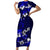 Fiji Masi Short Sleeve Bodycon Dress Fijian Hibiscus Navy Blue Gold Version LT01 Long Dress Blue - Polynesian Pride