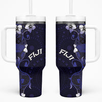 Fiji Masi Tumbler With Handle Fijian Hibiscus Tapa Navy Blue Version
