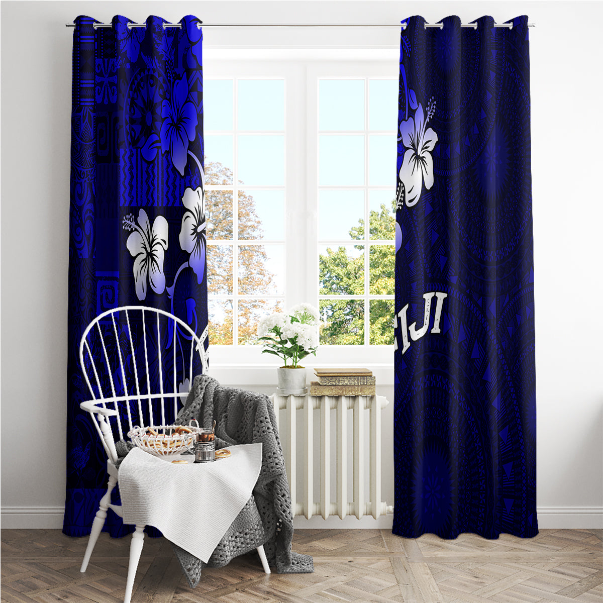 Fiji Masi Window Curtain Fijian Hibiscus Navy Blue Gold Version LT01 - Polynesian Pride