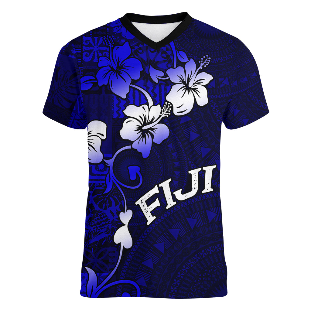 Fiji Masi Women V Neck T Shirt Fijian Hibiscus Navy Blue Gold Version LT01 Female Blue - Polynesian Pride